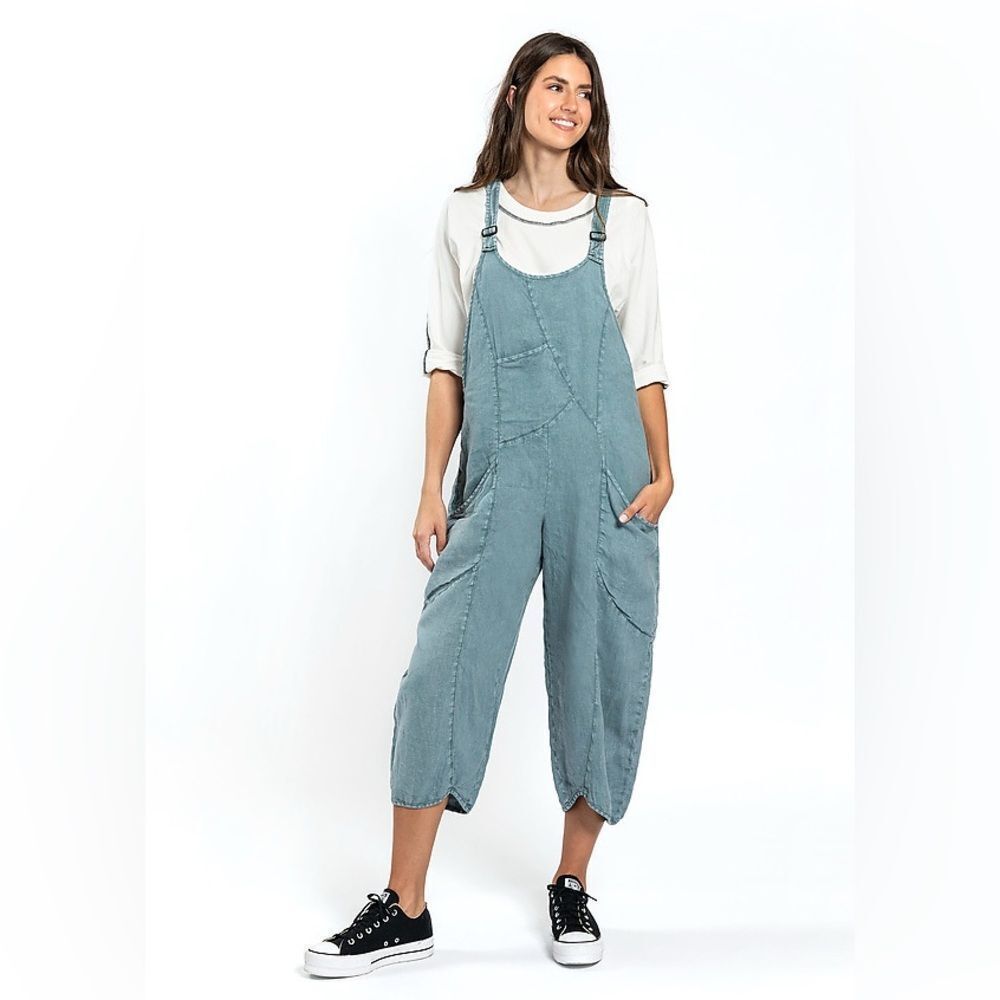 Cynthia Ashby Teal Blue Spree Linen Boho Minimalist Overall Jumpsuit
